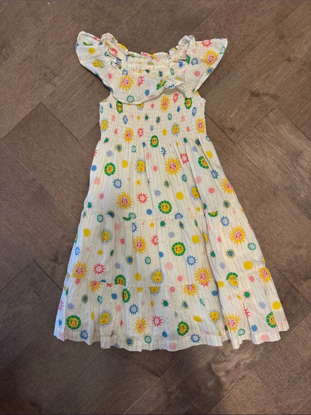 Girls' White Smocked Sun Print Dress
